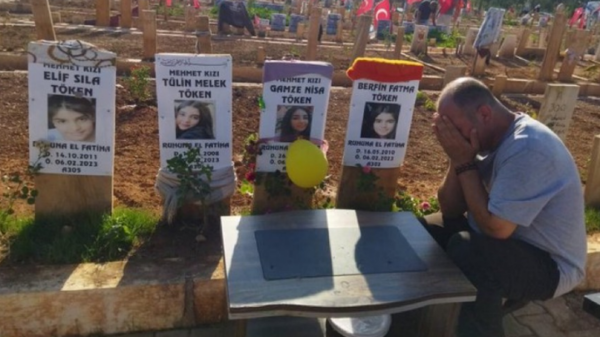 عيد دمّر فرحته الزلزال.. صورة أب تركي بجانب قبر بناته تحزن التواصل