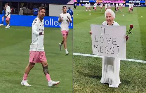 عجوز مُسنة تطارد ميسي بوردة حمراء ورسالة حب